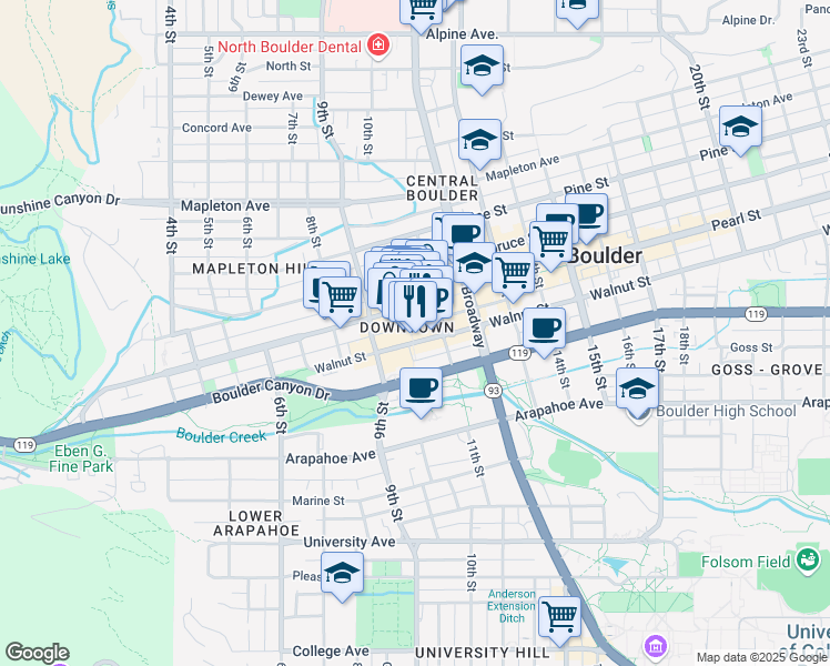 map of restaurants, bars, coffee shops, grocery stores, and more near in Boulder
