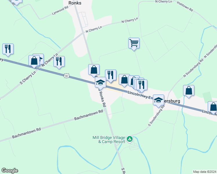 map of restaurants, bars, coffee shops, grocery stores, and more near 2811 Lincoln Highway in Ronks