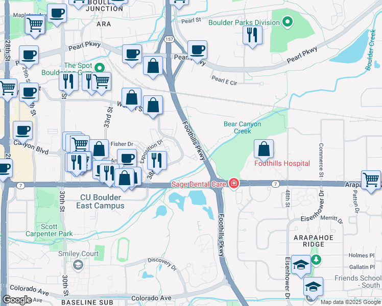 map of restaurants, bars, coffee shops, grocery stores, and more near 1730 38th Street in Boulder