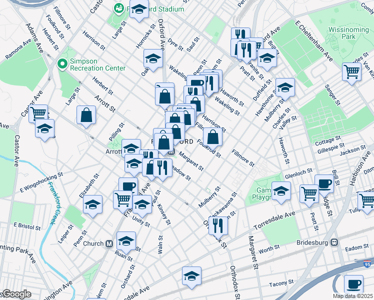 map of restaurants, bars, coffee shops, grocery stores, and more near 4717 Salem Street in Philadelphia