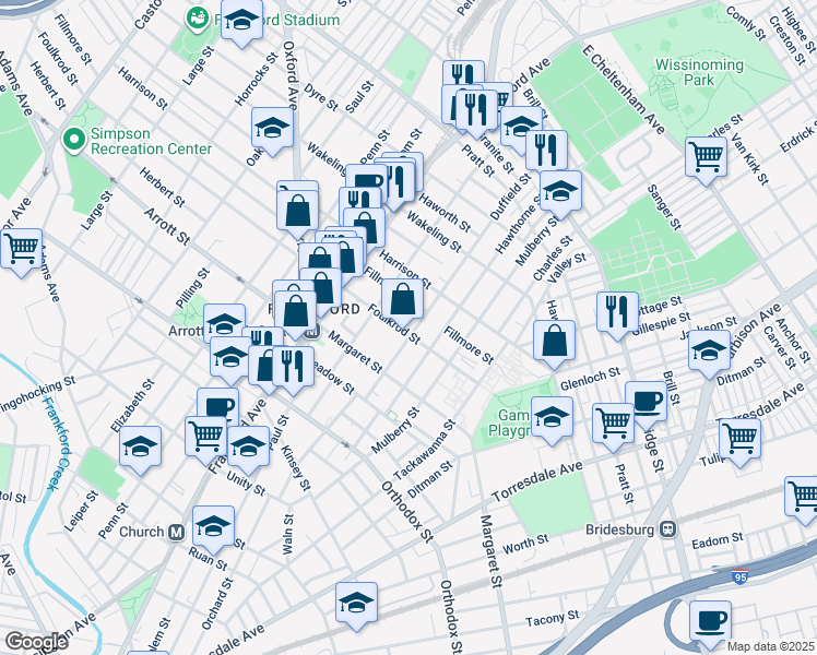 map of restaurants, bars, coffee shops, grocery stores, and more near 4804 Duffield Street in Philadelphia