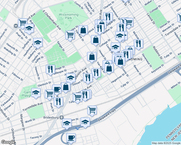 map of restaurants, bars, coffee shops, grocery stores, and more near 2034 East Cheltenham Avenue in Philadelphia