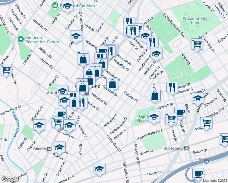 map of restaurants, bars, coffee shops, grocery stores, and more near 4804 Duffield Street in Philadelphia
