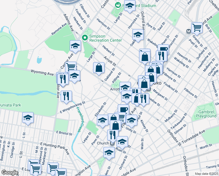 map of restaurants, bars, coffee shops, grocery stores, and more near 1324 Orthodox Street in Philadelphia