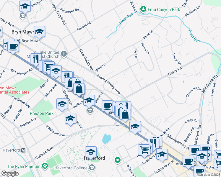 map of restaurants, bars, coffee shops, grocery stores, and more near 438 Montgomery Avenue in Haverford