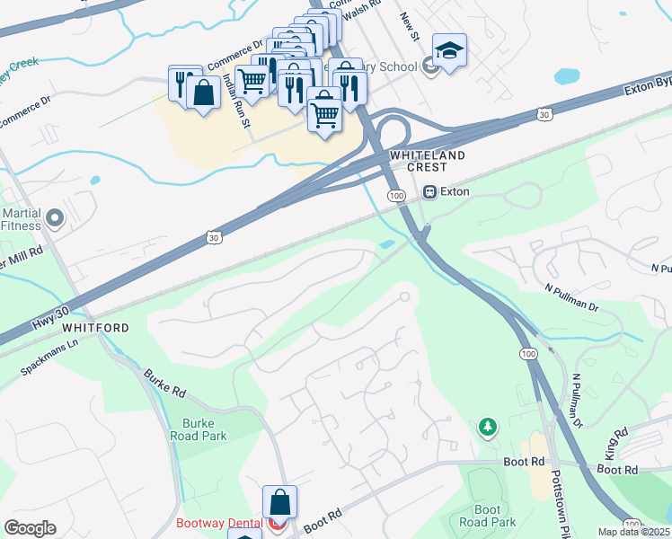 map of restaurants, bars, coffee shops, grocery stores, and more near 129 Fringetree Drive in West Chester