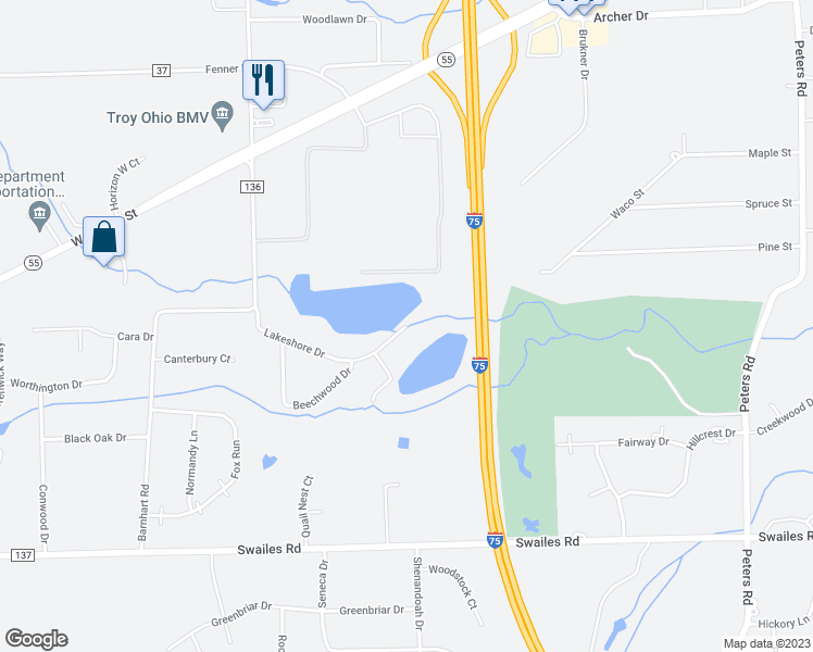 map of restaurants, bars, coffee shops, grocery stores, and more near 2815 Lakeshore Drive in Troy