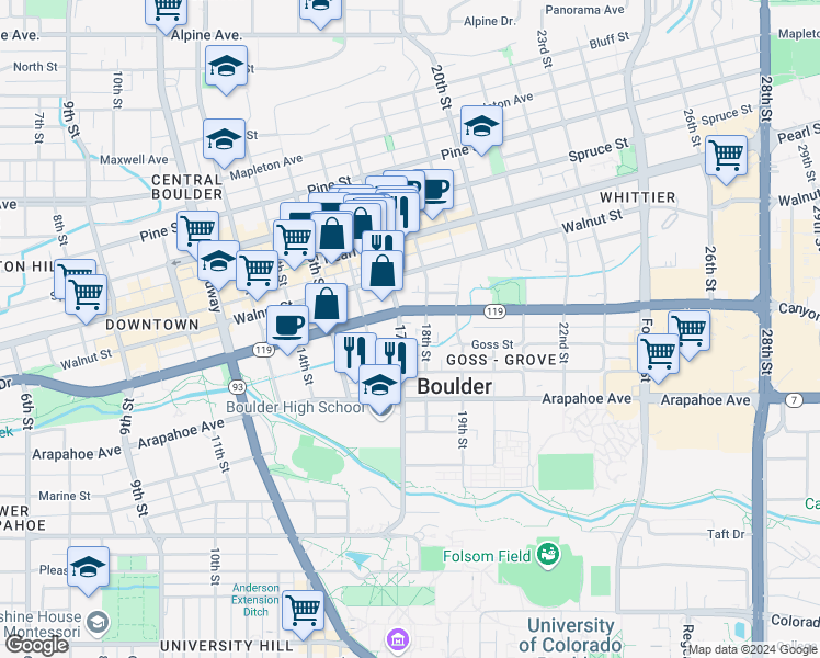 map of restaurants, bars, coffee shops, grocery stores, and more near in Boulder