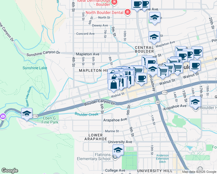 map of restaurants, bars, coffee shops, grocery stores, and more near 709-715 Pearl Street in Boulder