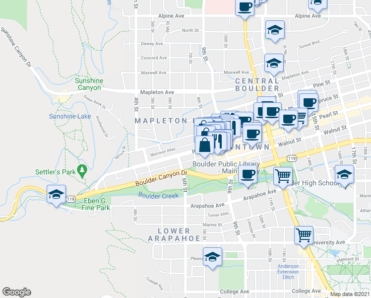 map of restaurants, bars, coffee shops, grocery stores, and more near 721 Pearl Street in Boulder