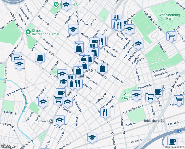 map of restaurants, bars, coffee shops, grocery stores, and more near 4727 Salem Street in Philadelphia