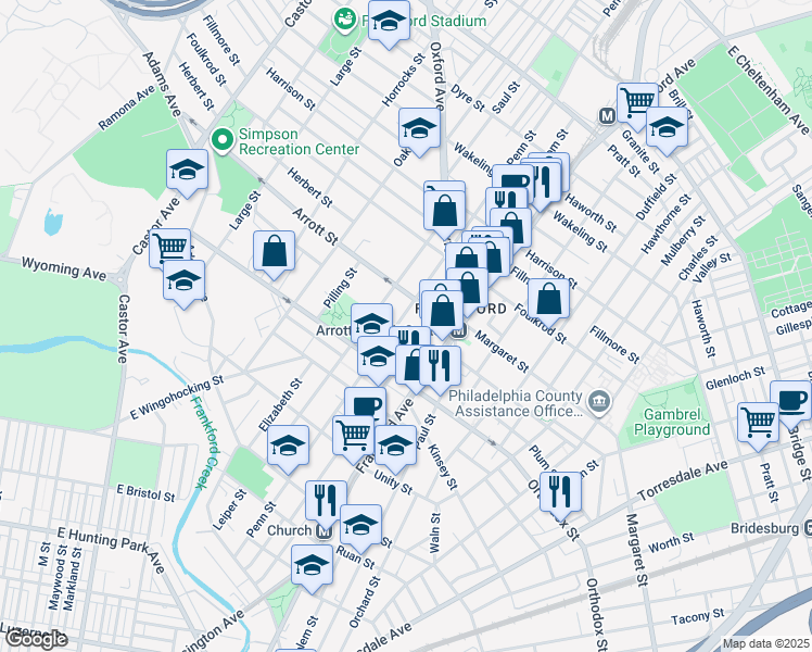 map of restaurants, bars, coffee shops, grocery stores, and more near 4653 Penn Street in Philadelphia