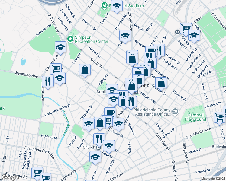 map of restaurants, bars, coffee shops, grocery stores, and more near 4643 Leiper Street in Philadelphia