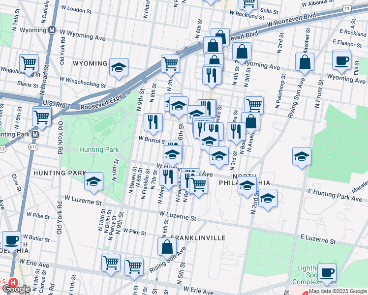 map of restaurants, bars, coffee shops, grocery stores, and more near 4303 North 6th Street in Philadelphia