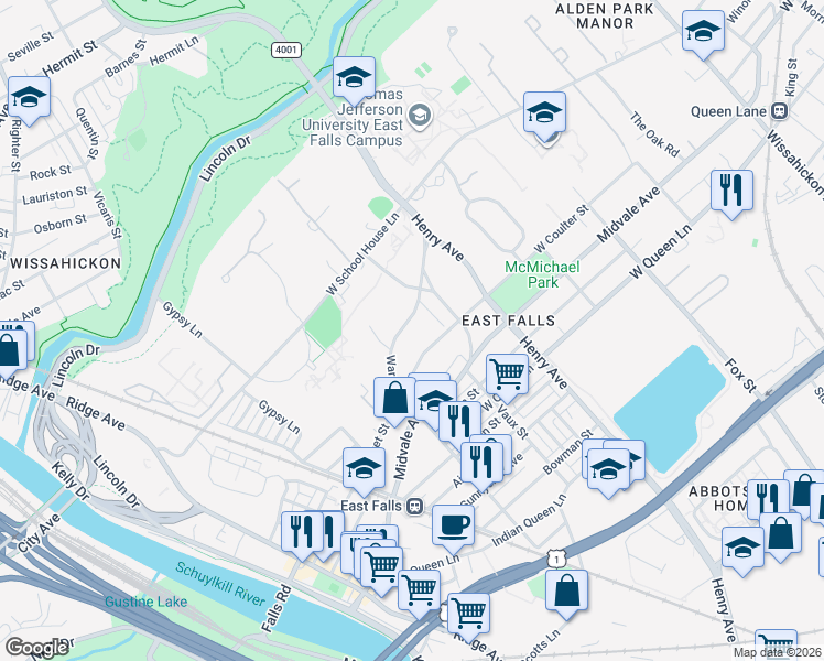 map of restaurants, bars, coffee shops, grocery stores, and more near 3408 Warden Drive in Philadelphia