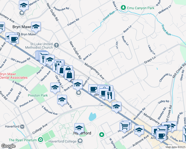 map of restaurants, bars, coffee shops, grocery stores, and more near 446 Montgomery Avenue in Haverford