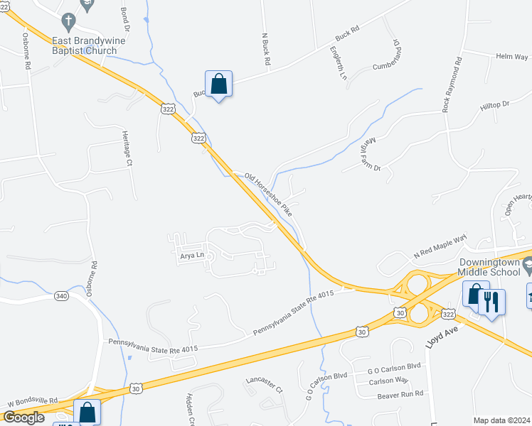map of restaurants, bars, coffee shops, grocery stores, and more near 510 Old Horseshoe Pike in Downingtown