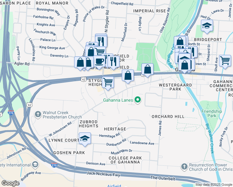 map of restaurants, bars, coffee shops, grocery stores, and more near 306 West Johnstown Road in Gahanna