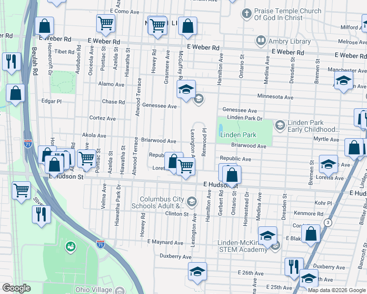map of restaurants, bars, coffee shops, grocery stores, and more near in Columbus