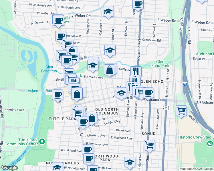 map of restaurants, bars, coffee shops, grocery stores, and more near 2658-2660 Adams Avenue in Columbus