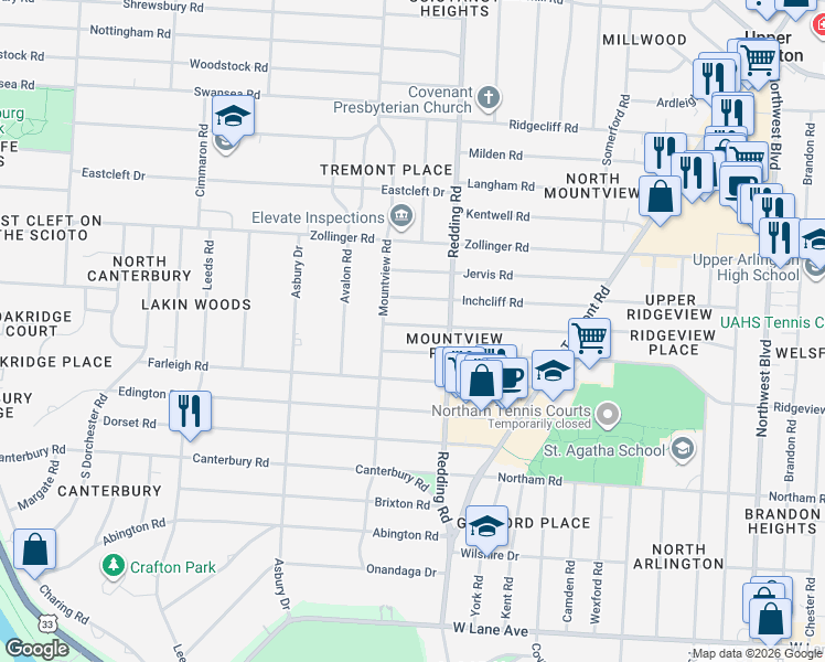 map of restaurants, bars, coffee shops, grocery stores, and more near 2214 Harwitch Road in Columbus