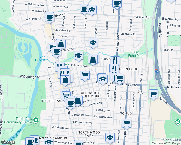 map of restaurants, bars, coffee shops, grocery stores, and more near 190 East Duncan Street in Columbus