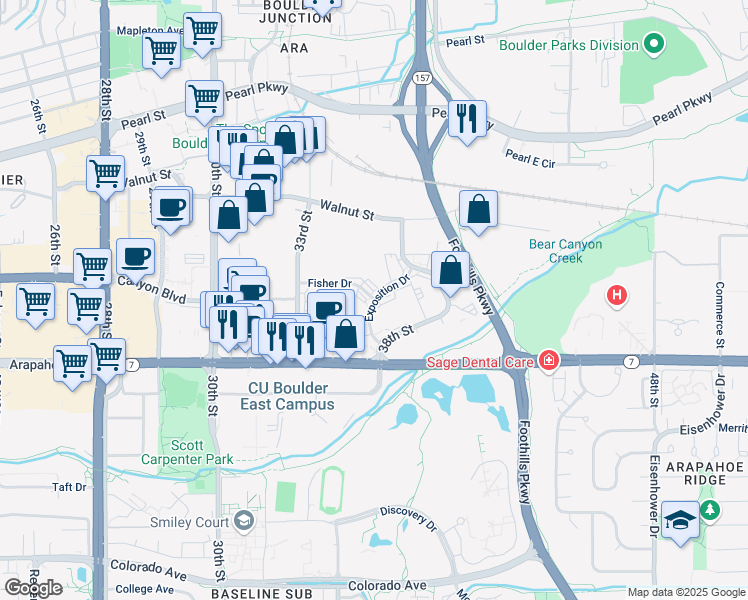 map of restaurants, bars, coffee shops, grocery stores, and more near 3598 Fisher Drive in Boulder