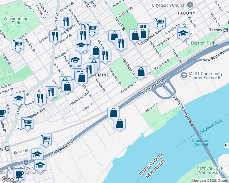 map of restaurants, bars, coffee shops, grocery stores, and more near 6112 Tulip Street in Philadelphia