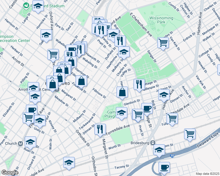 map of restaurants, bars, coffee shops, grocery stores, and more near 4917 Charles Street in Philadelphia