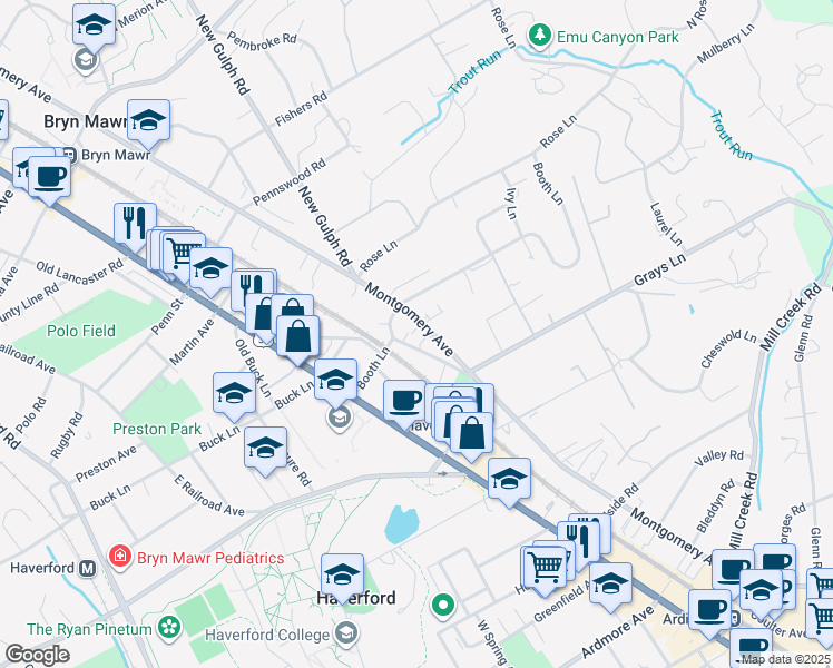 map of restaurants, bars, coffee shops, grocery stores, and more near 446 Montgomery Avenue in Haverford