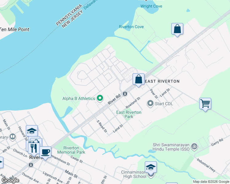 map of restaurants, bars, coffee shops, grocery stores, and more near 1807 River Road in Cinnaminson