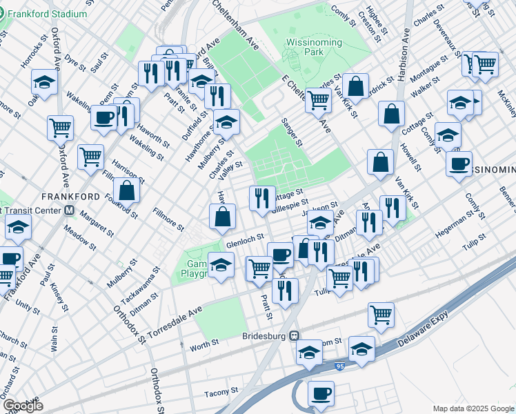 map of restaurants, bars, coffee shops, grocery stores, and more near 1944 Bridge Street in Philadelphia