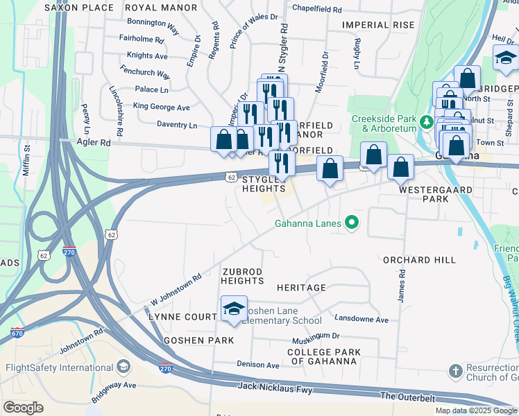 map of restaurants, bars, coffee shops, grocery stores, and more near 135 South Stygler Road in Columbus