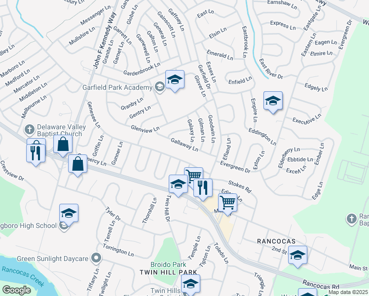 map of restaurants, bars, coffee shops, grocery stores, and more near 34 Galaxy Lane in Willingboro