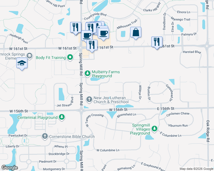 map of restaurants, bars, coffee shops, grocery stores, and more near 15809 River Birch Road in Westfield