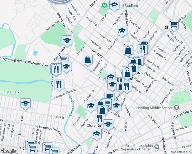 map of restaurants, bars, coffee shops, grocery stores, and more near 1310 Orthodox Street in Philadelphia