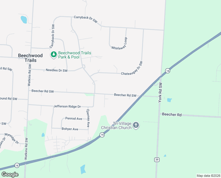 map of restaurants, bars, coffee shops, grocery stores, and more near 7408 Beecher Road Southwest in Pataskala