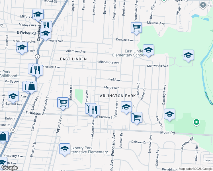 map of restaurants, bars, coffee shops, grocery stores, and more near 2080 Myrtle Avenue in Columbus