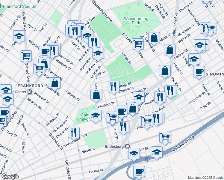 map of restaurants, bars, coffee shops, grocery stores, and more near 1944 Bridge Street in Philadelphia