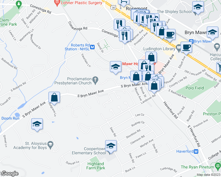 map of restaurants, bars, coffee shops, grocery stores, and more near 269 South Bryn Mawr Avenue in Bryn Mawr