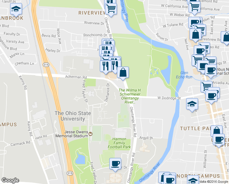 map of restaurants, bars, coffee shops, grocery stores, and more near 480 Mahoning Court in Columbus