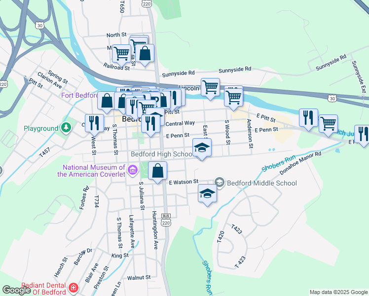map of restaurants, bars, coffee shops, grocery stores, and more near 231 South Bedford Street in Bedford
