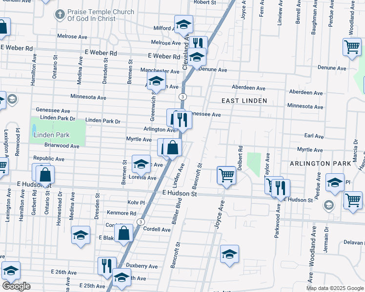 map of restaurants, bars, coffee shops, grocery stores, and more near 2432 Cleveland Avenue in Columbus
