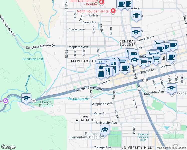 map of restaurants, bars, coffee shops, grocery stores, and more near 645 Pearl Street in Boulder