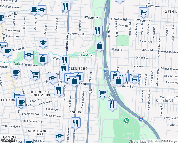 map of restaurants, bars, coffee shops, grocery stores, and more near 2603 North 4th Street in Columbus