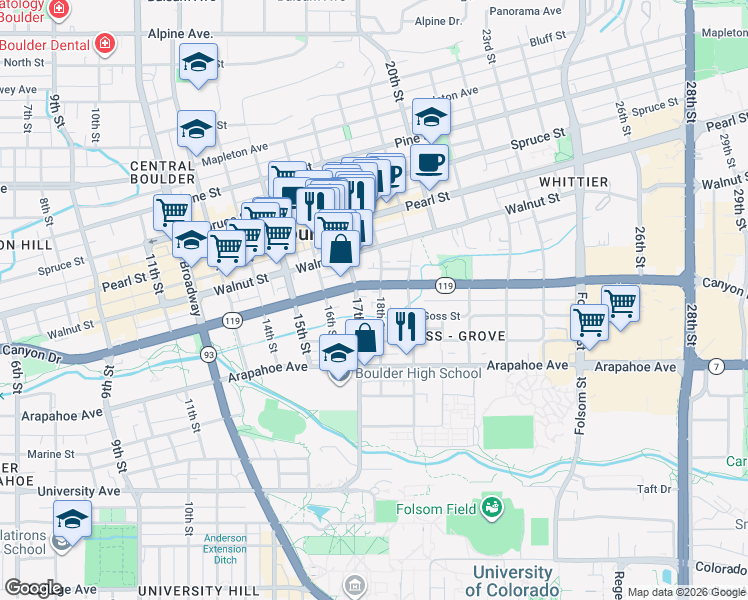 map of restaurants, bars, coffee shops, grocery stores, and more near 1727 18th Street in Boulder