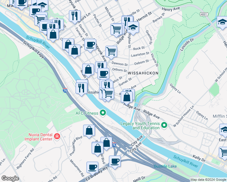 map of restaurants, bars, coffee shops, grocery stores, and more near 106 Sumac Street in Philadelphia