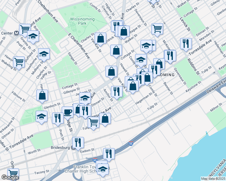 map of restaurants, bars, coffee shops, grocery stores, and more near 2035 East Cheltenham Avenue in Philadelphia