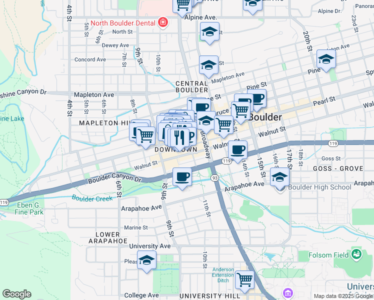 map of restaurants, bars, coffee shops, grocery stores, and more near in Boulder
