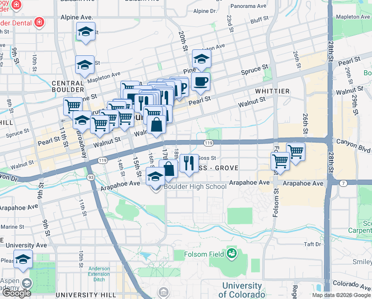 map of restaurants, bars, coffee shops, grocery stores, and more near 1802 Canyon Boulevard in Boulder